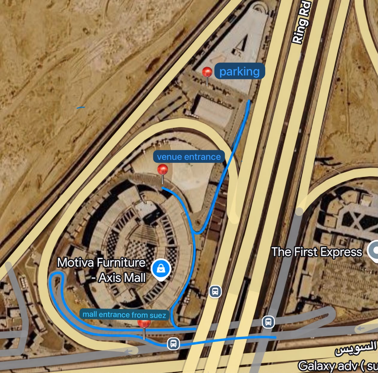Map showing the parking, venue entrance and mall entrance from Suez Road at Axis Mall